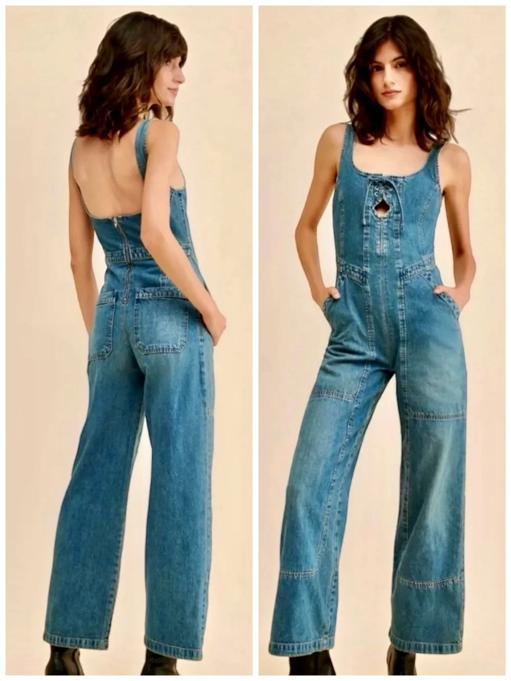 Free People x We The Free Amina Denim Wide Leg & Lace-Up Jumpsuit